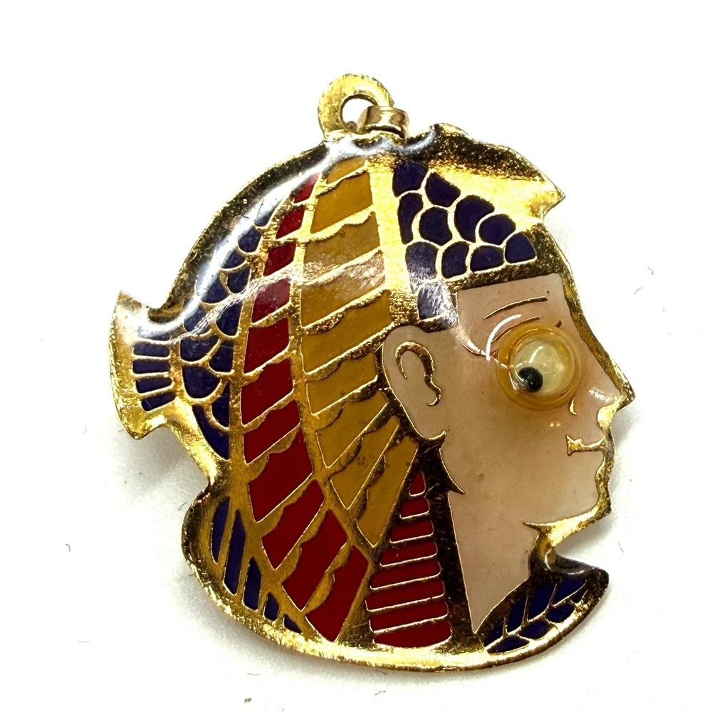 Vintage King Tut Head Enamel‎ Gold-Tone Egyptian Revival Brooch Pin Pendant Eye